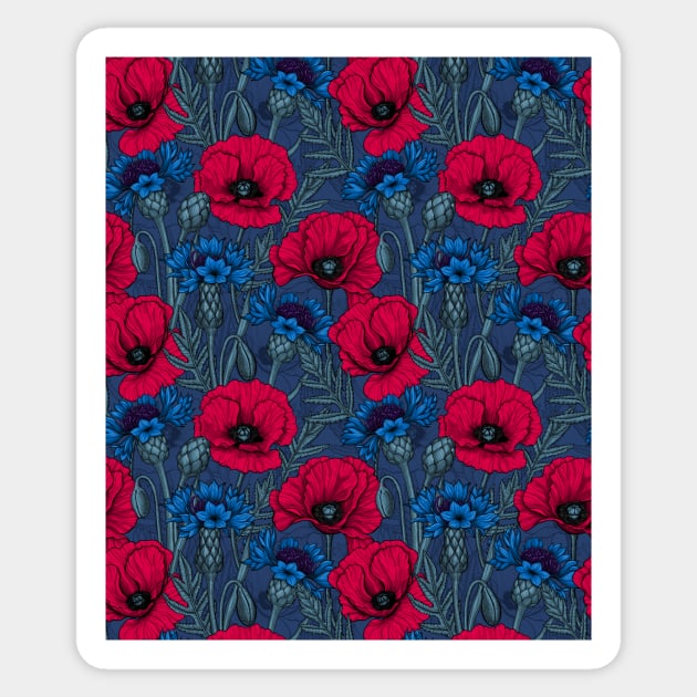 Red poppies and blue cornflowers on blue Sticker by katerinamk